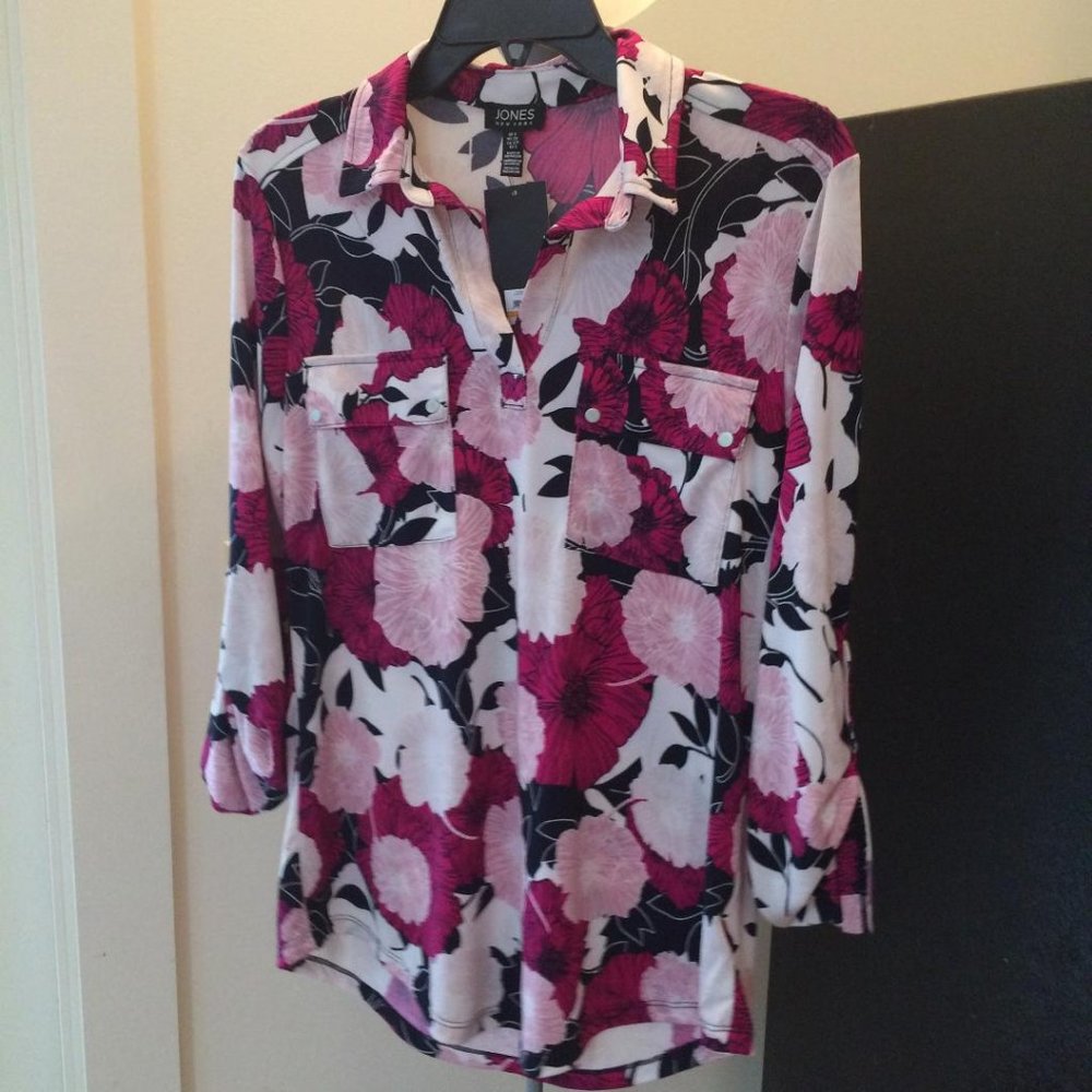 Jones New York Blouse Tab Sleeve Floral Print S